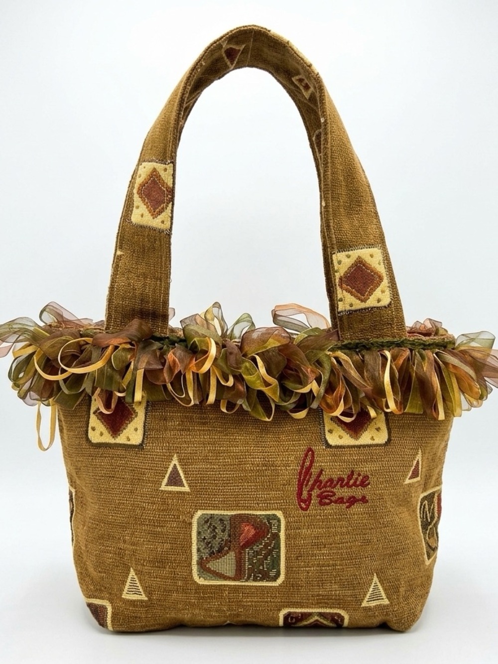 Vintage Y2K Marc Chantal Tapestry Shoulder Bag Ribbon Fringe Trim Boho MC